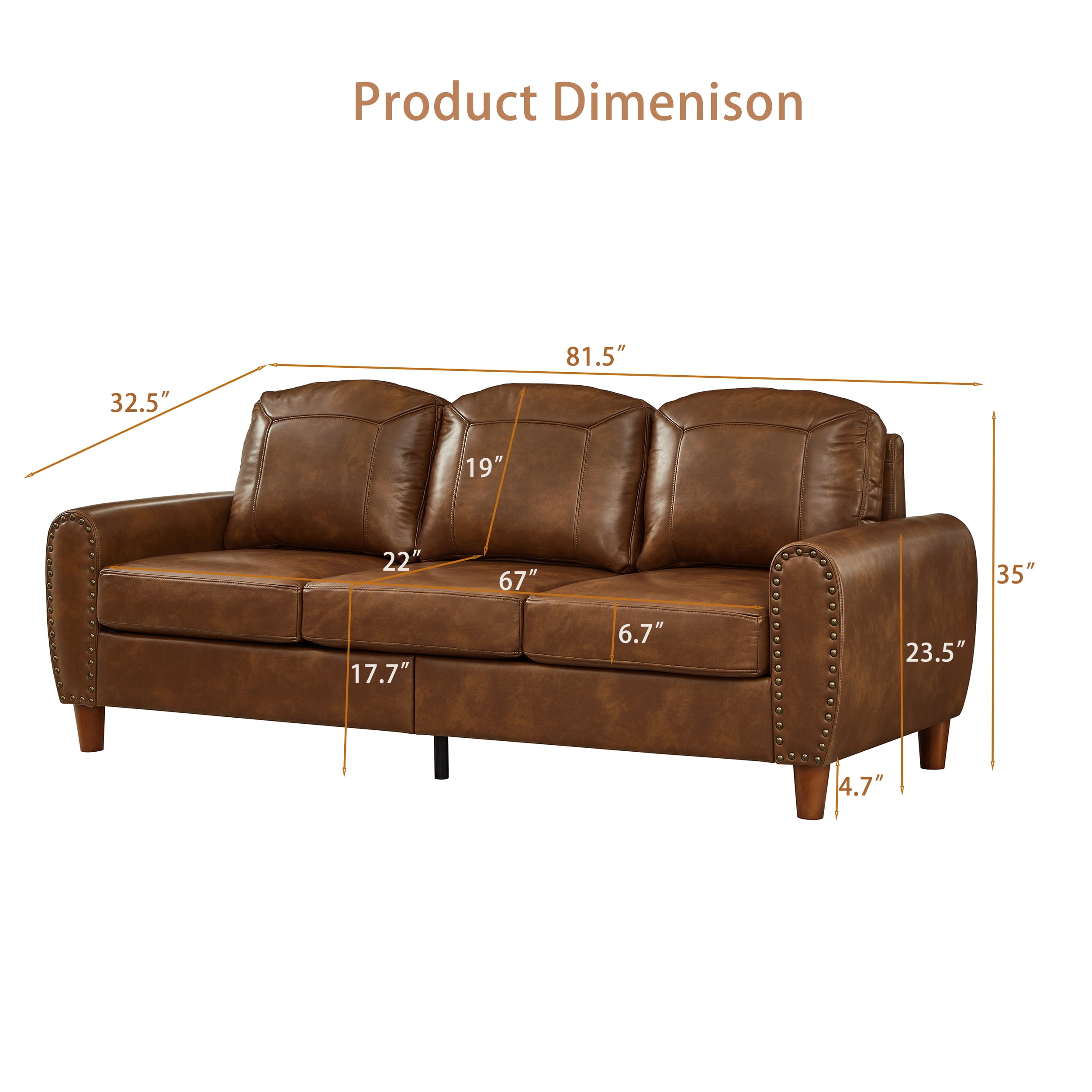 Mid-Century Modern Faux Leather 3-Seater Sofa,81.5"W Classic Rolled Arm Sofa Couch with Brass Nailhead Trim & Solid Wood Legs,Apartment,Living Room,Brown
