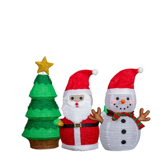 3-Pack Lighted Christmas Decorations, Plush Santa, Snowman & Star-Topped Tree, 150 Warm White LEDs, Sparkling Tinsel Fabric for Indoor or Outdoor Use