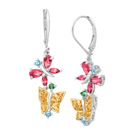 1 3/4 ct Natural Multi-Color Topaz Butterfly Drop Earrings in Sterling Silver & 10kt White Gold