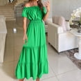 thumbnail image 2 of SMihono Stylish Women's Bohemian Off The Shoulder Dress Casual Ruffle A Line Tiered Maxi Dresses Smocked Beach Sundress Green S, 2 of 9