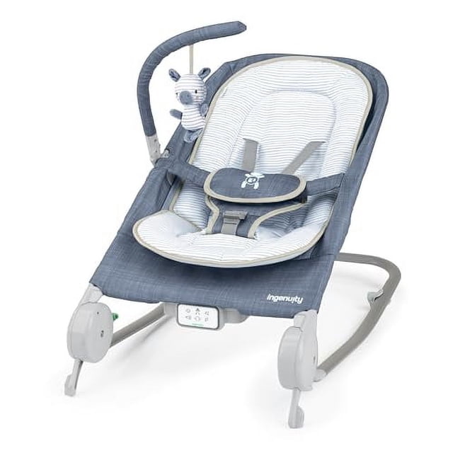 Ingenuity Happy Belly Baby Bouncer Seat and Rocker, Belly Massage & Vibration, Helps Soothe & Relieve Discomfort, Music, Plush Sloth Toy, for Ages 0-6 Months, Blue - Chambray