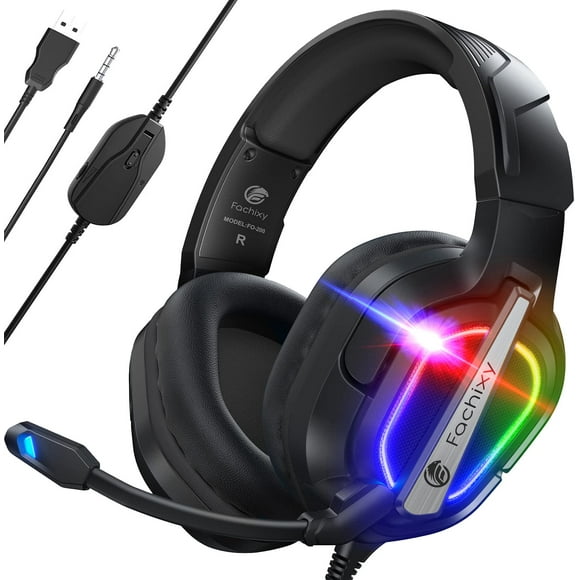 Fachixy?2024 New?FC200 Mac Gaming Headset for PS4/PS5/PC/Xbox One, Noise Canceling Headset with Stereo Microphone Sound, Computer Headset with 3.5mm Jack & RGB Light