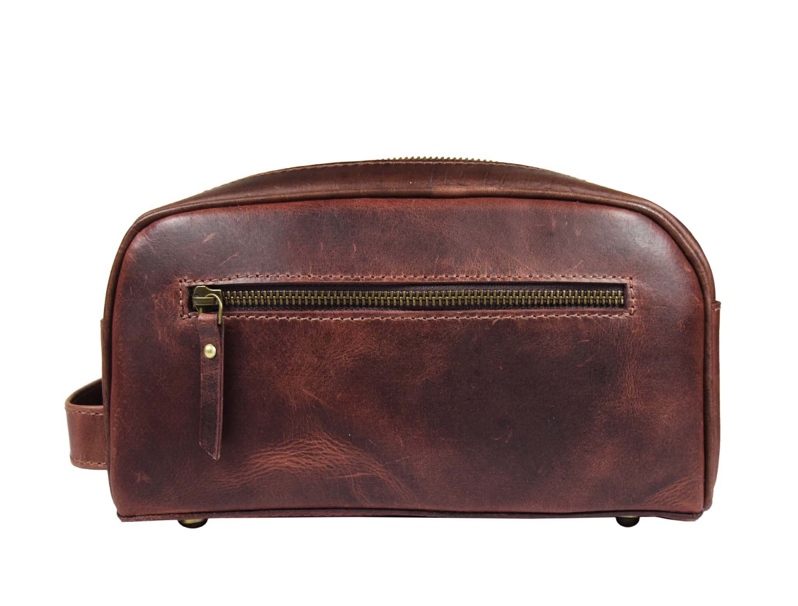 Genuine Leather 10" Toiletry Travel Pouch with water proof Lining | Handcrafted Dopp Kit By Aaron Leather Goods