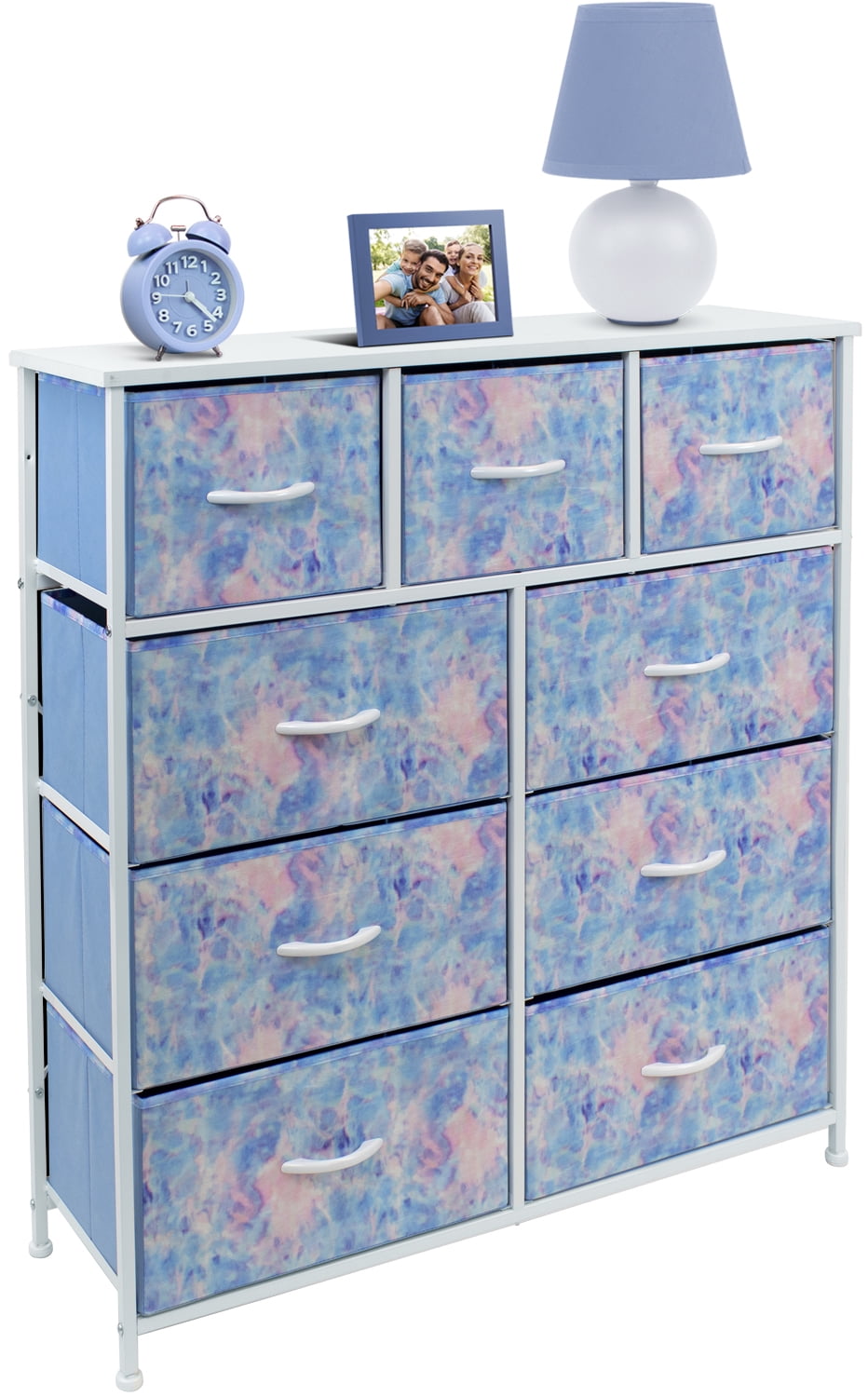 Sorbus 9-Drawer Dresser Nightstand End Table, Steel Frame, Wood Top, Tie-Dye Blue
