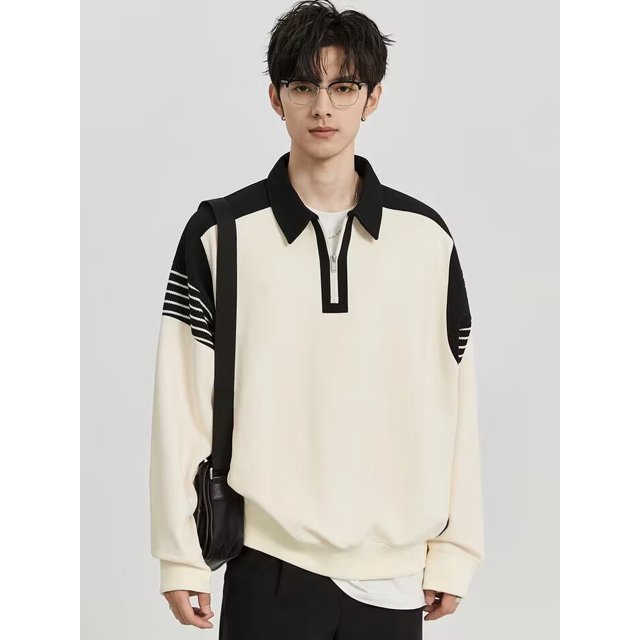 Suéter casual de estilo coreano con contraste de color y media cremallera para hombre, estilo coreano, top holgado de primavera y otoño