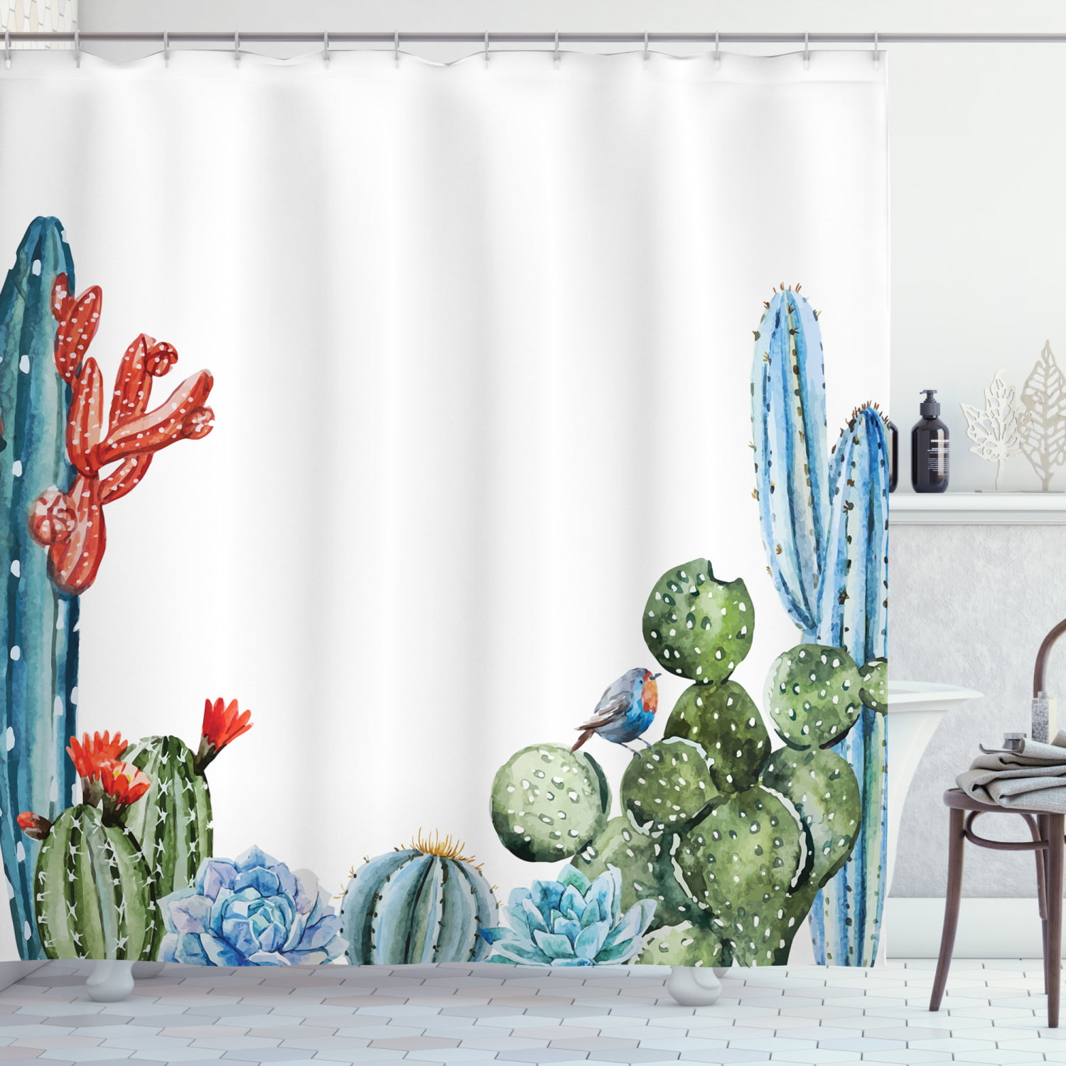 Desert Cactus Decor Pink Shower Curtain Bath Rug Set Waterproof&12 Hook 71*71 in 