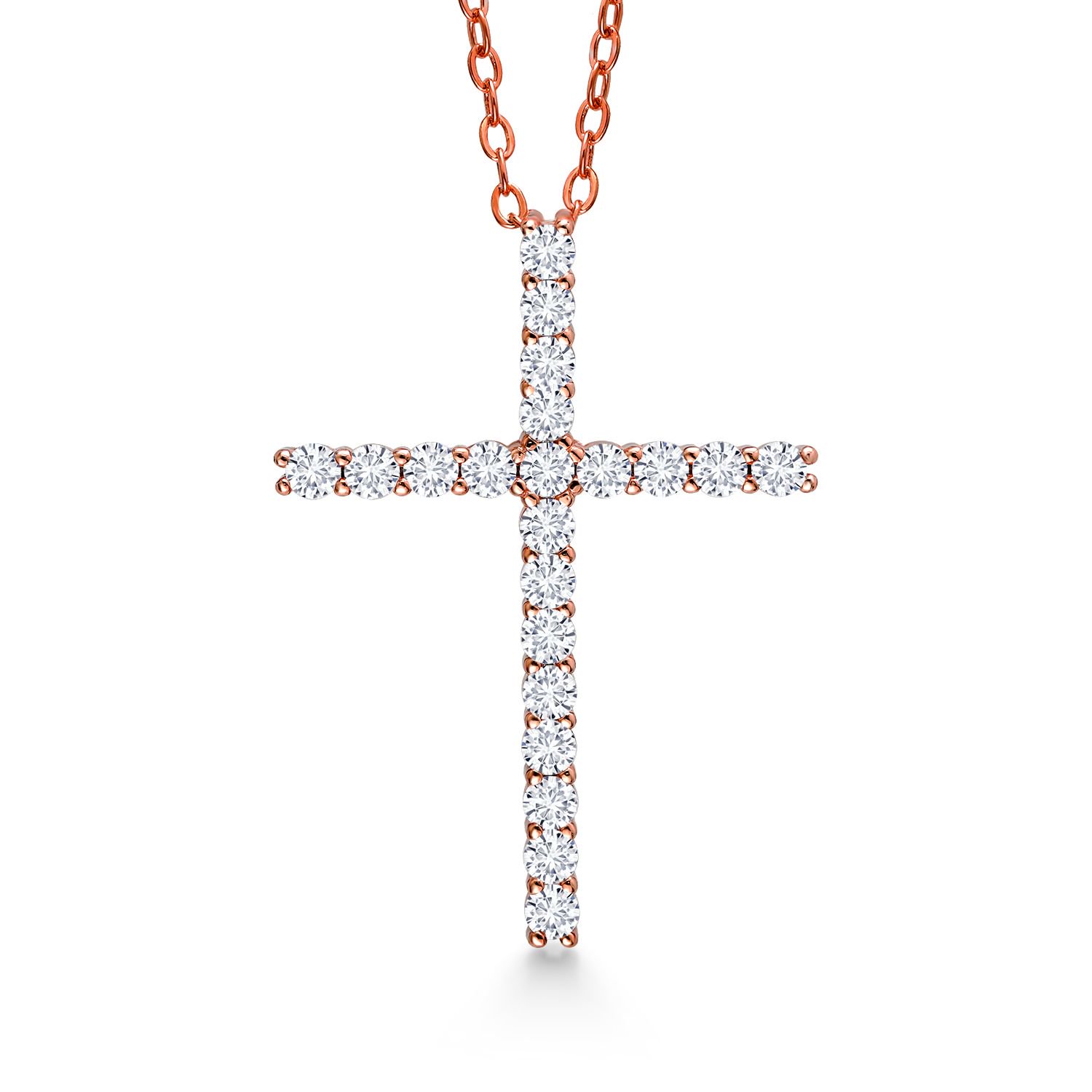Gem Stone King Moissanite Cross Pendant Necklace for Women | 18K Rose Gold Plated Silver | 0.80 Cttw | 1 inch | Jesus Christian Religious Crucifix Jewelry Gift for Her | With 18 inch Silver Chain