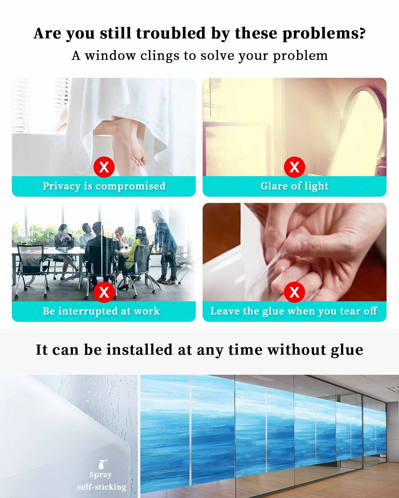 Window Privacy Film Blue Summer Ocean Stained Glass Window Film Decorative Sun Block Window Cover Modern Abstract Coastal Wave Window Clings Static Adhesive Sticker for Bathroom 23.6"x59"