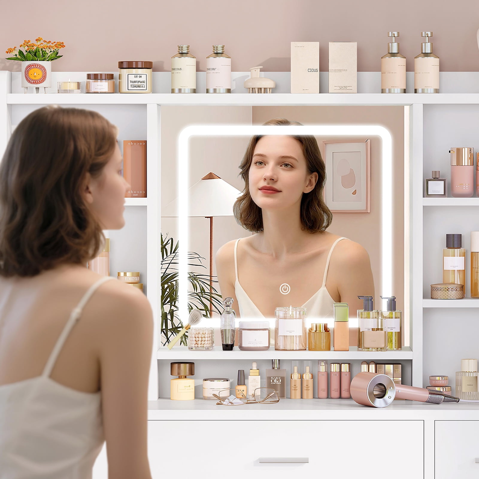 Makeup Vanity Set with Mirror and Lights , Vanity Table with 9 Drawers and 7 Storage Shelves, Vanity Desk for Bedroom, Dressing Room, White