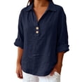 thumbnail image 2 of DENGDENG 3/4 Sleeve Linen Tops for Women Casual Button V Neck Collared Tunic Summer Spring Boho Blouses Outfits, #01 Navy L, 2 of 7