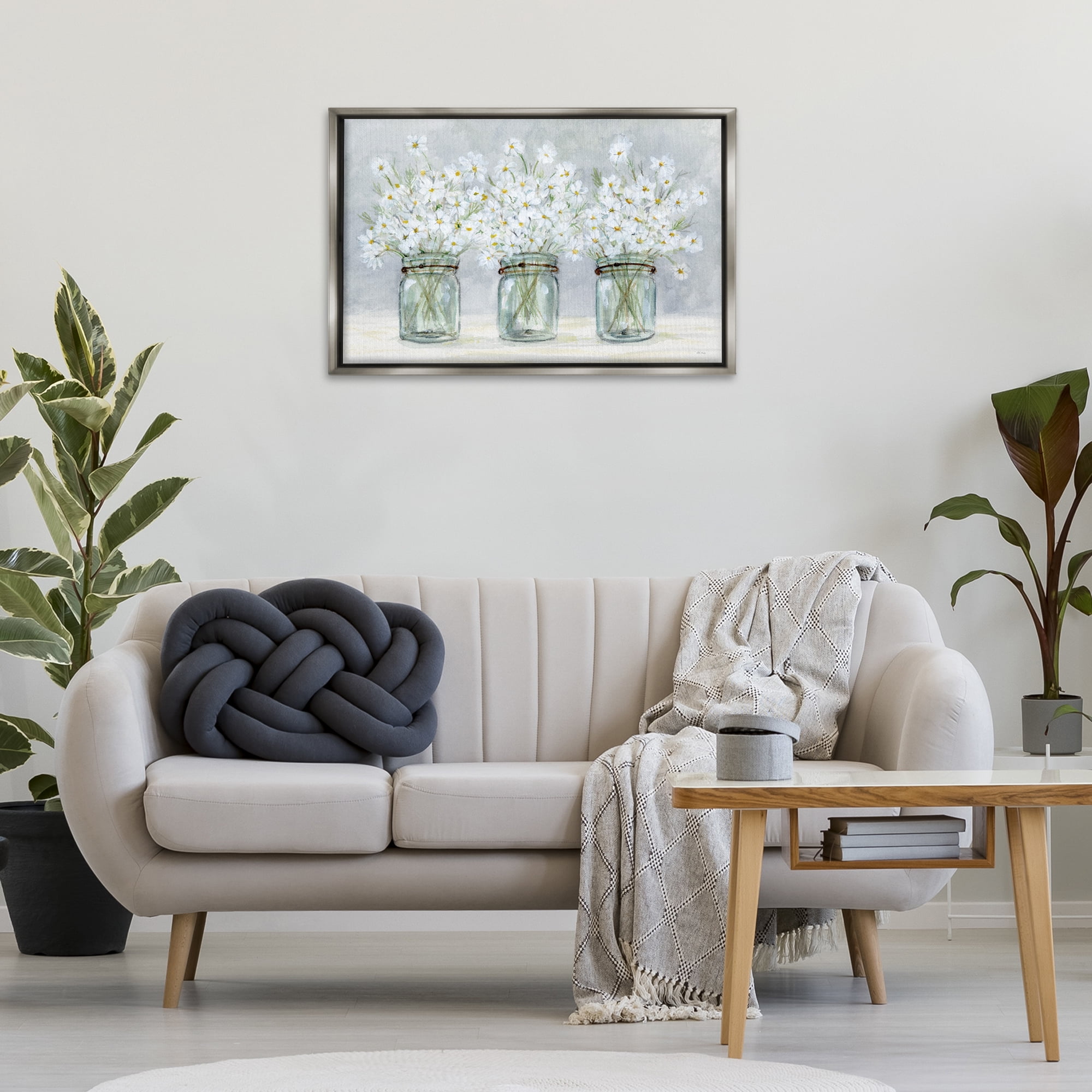 Stupell Industries Daisies In Jars Botanical & Floral Painting Gray Floater Framed Art Print Wall Art, 31 x 21