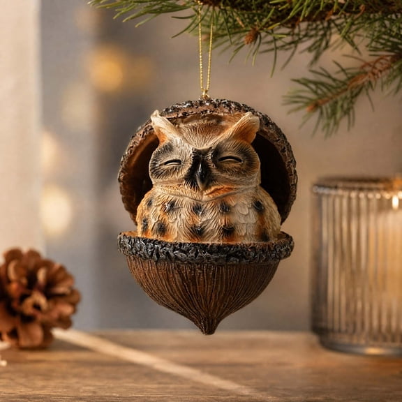 romoty 3D Resin Owl Christmas Tree Ornament, Sleeping Woodland Animal in Acorn Hanging Figurine for Holiday Home Decor