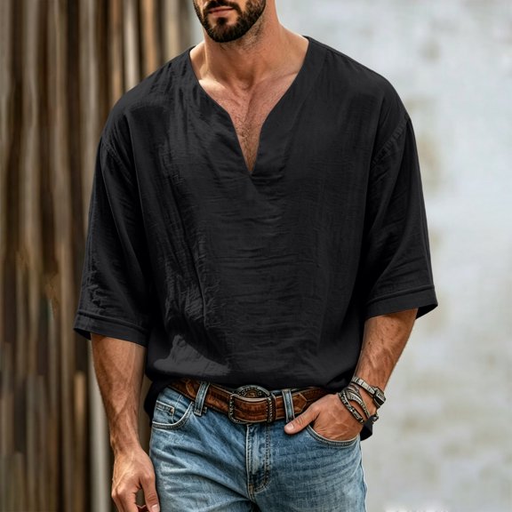 VgaVtl Elbow-Length Mens Tee Shirts Summer V-Neck Clothing for Men Sports Casual Plain Breathable Lightweight
