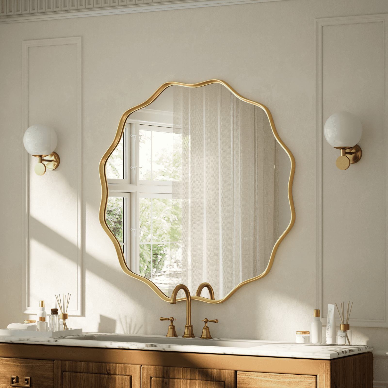 GRAHMCY 24" Wavy Round Bathroom Mirror Decorative Wall Mirror With Deep Frame, Gold