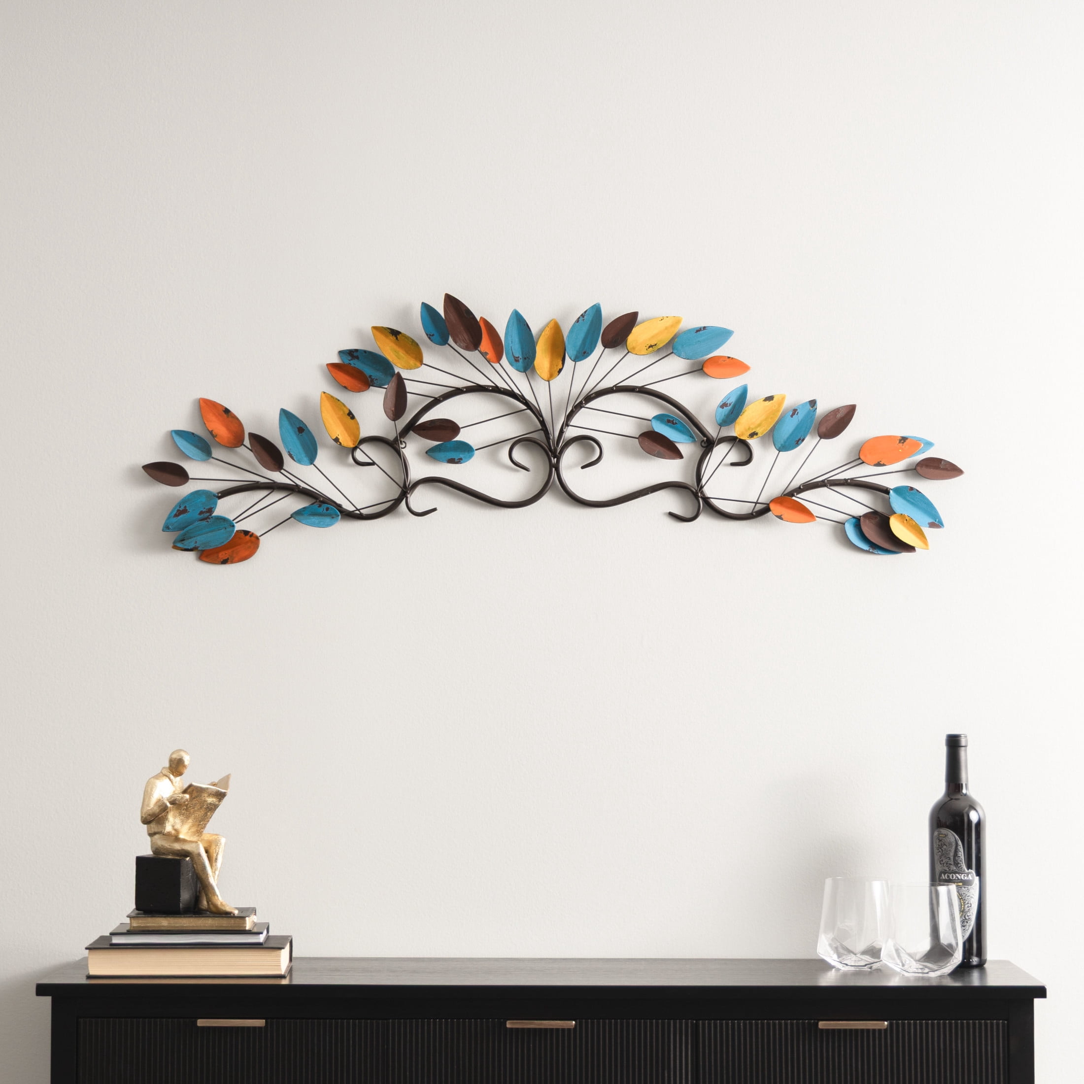 DecMode Blue Metal Distressed Scroll Leaf Wall Decor