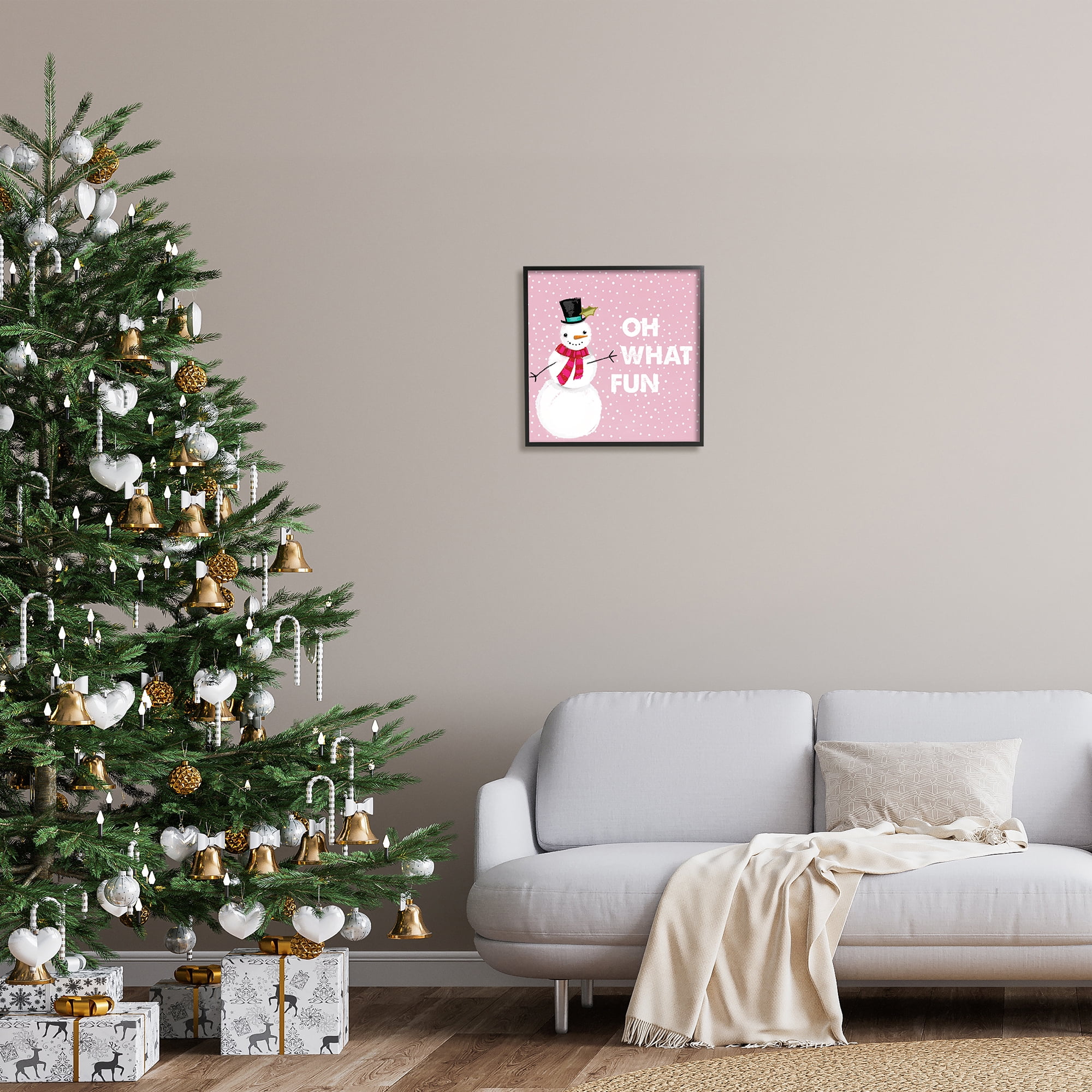 Stupell Industries Oh What Fun Pink Snowman Holiday Painting Black Framed Art Print Wall Art, 17 x 17
