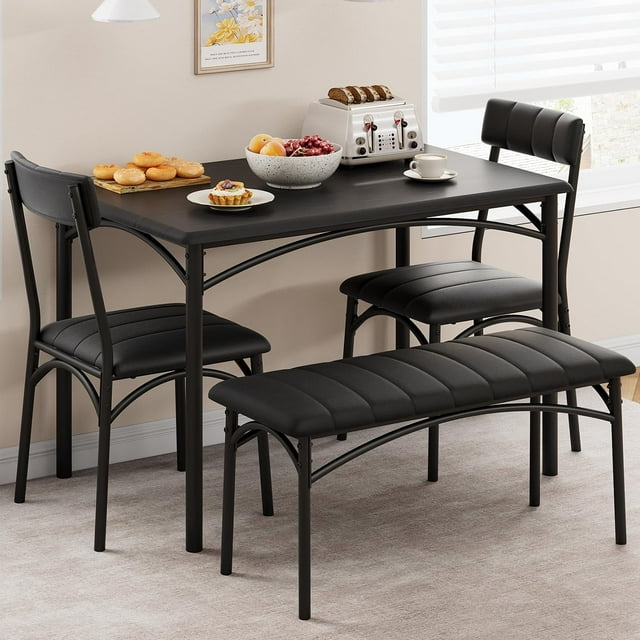 Ensemble de Table à Manger pour 4 avec Banquette Rembourrée et Chaises, Table Rectangulaire pour Petits Espaces
