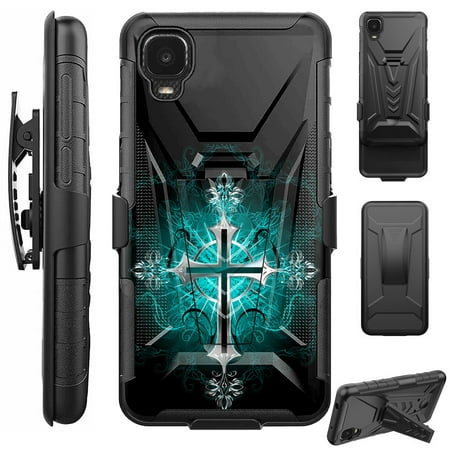 Compatible with TCL A3 Hybrid Luxguard Holster Phone Case Cover (Teal Gothic Cross)