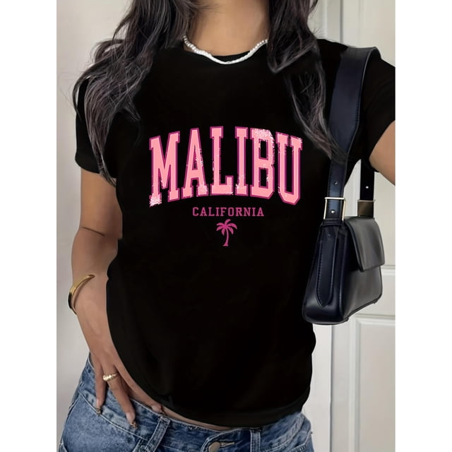 Women'S Malibu California Vintage T-Shirt, Polyester 100% Knit Fabric, Crew Neck, Short Sleeve, Geometric-Pattern, Summer Casual Tee, 200g/m² - Regular Fit