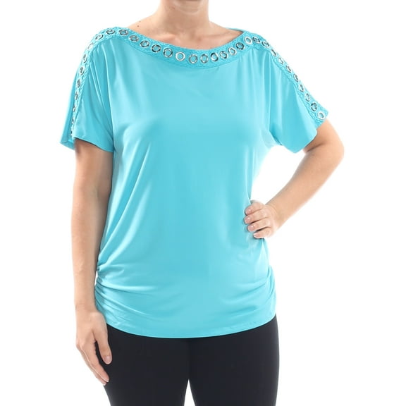JM COLLECTION $49 Womens New 1735 Aqua Ruched Short Sleeve Embellished Blouse L