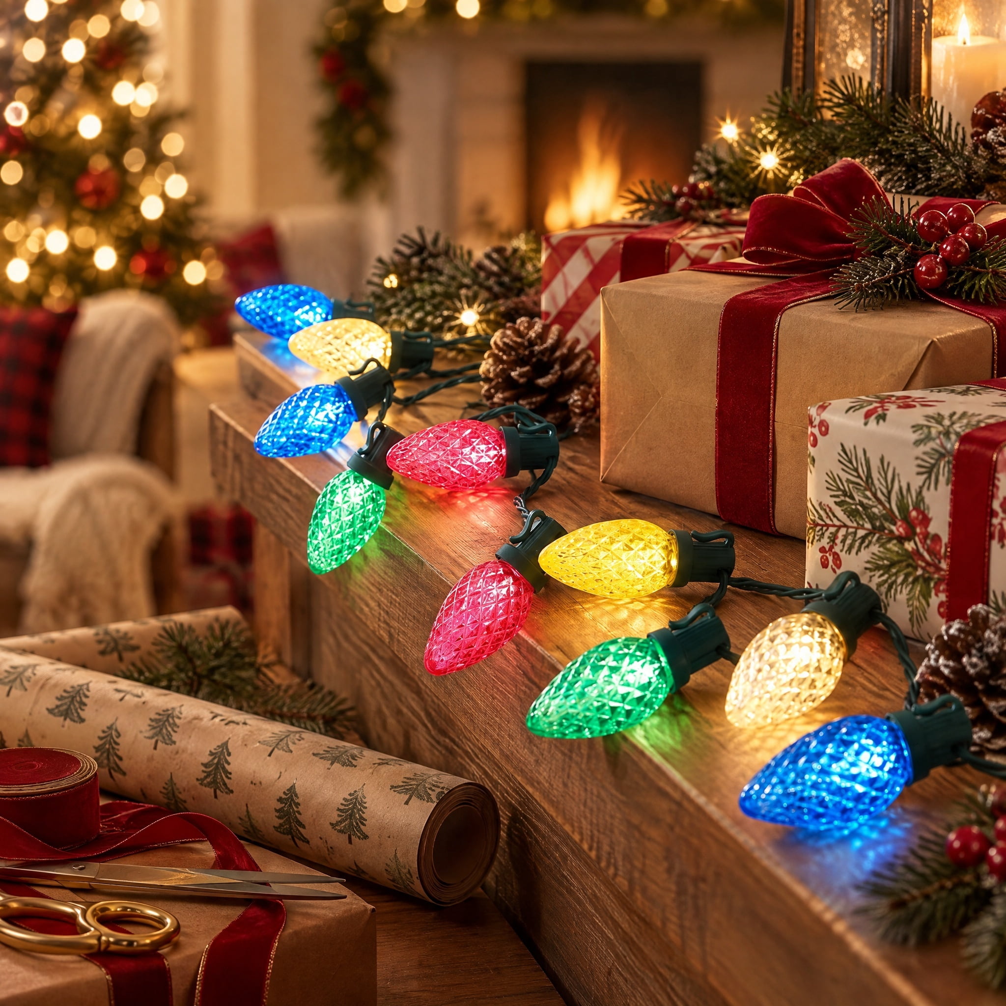 Indoor/Outdoor 50-Count LED 8-Function Color-Sync C7 Christmas String Lights, Multicolor to Warm White, Green Wire, 21', by Holiday Time