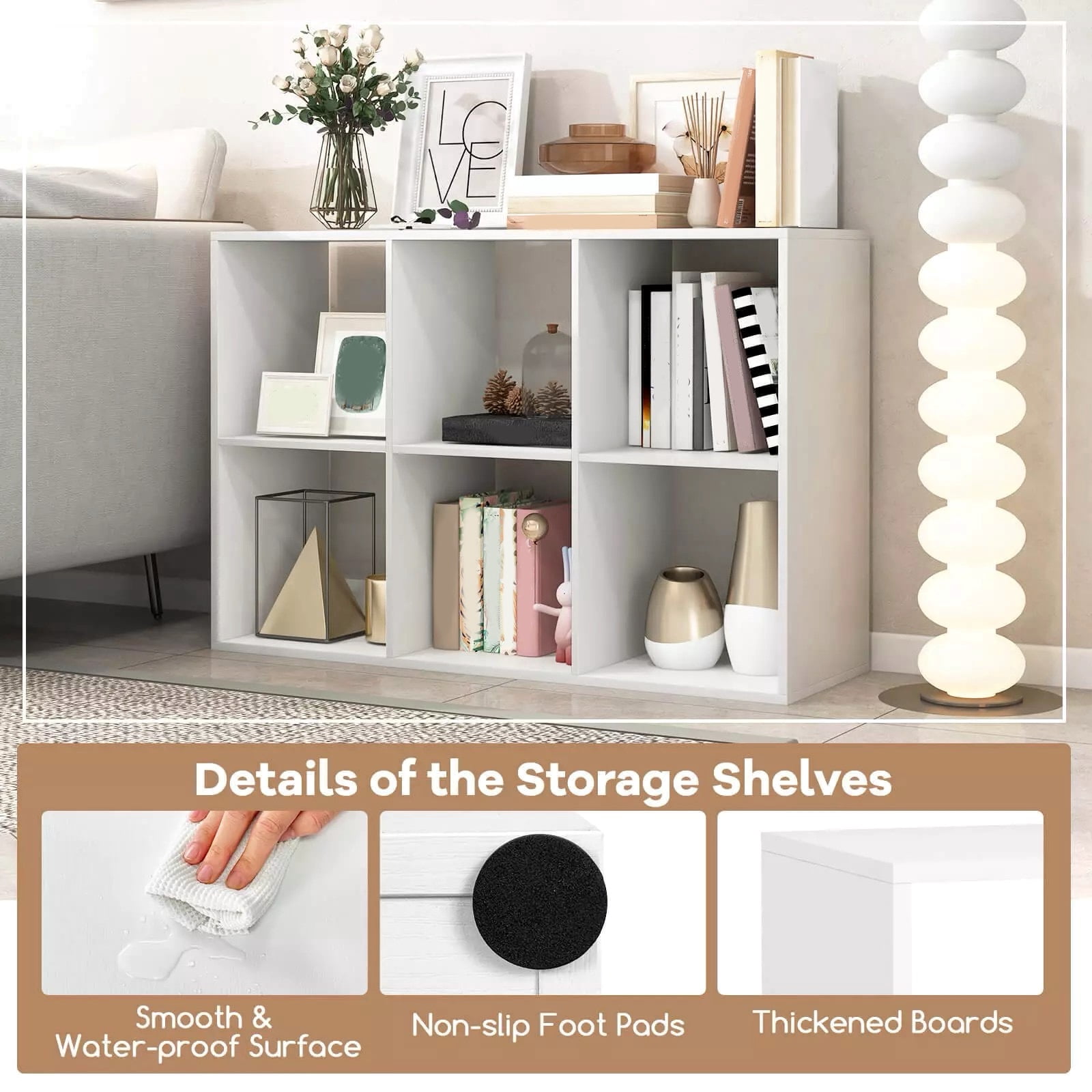 Auranook 6-Cube Open Bookshelf w/ Anti-tip Kits Home Modern Style Storage Shelf for Study