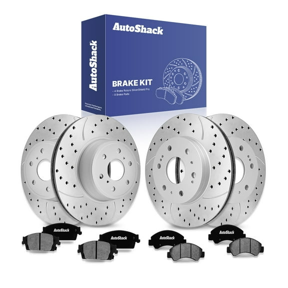 AutoShack Front & Rear Drilled & Slotted Brake Rotors Ceramic Brake Pads | Replacement for Chevrolet Silverado 1500 Tahoe GMC Sierra 1500 4WD | Silver Zinc Coated | 12-PC Brake Kit | SilverShield Pro
