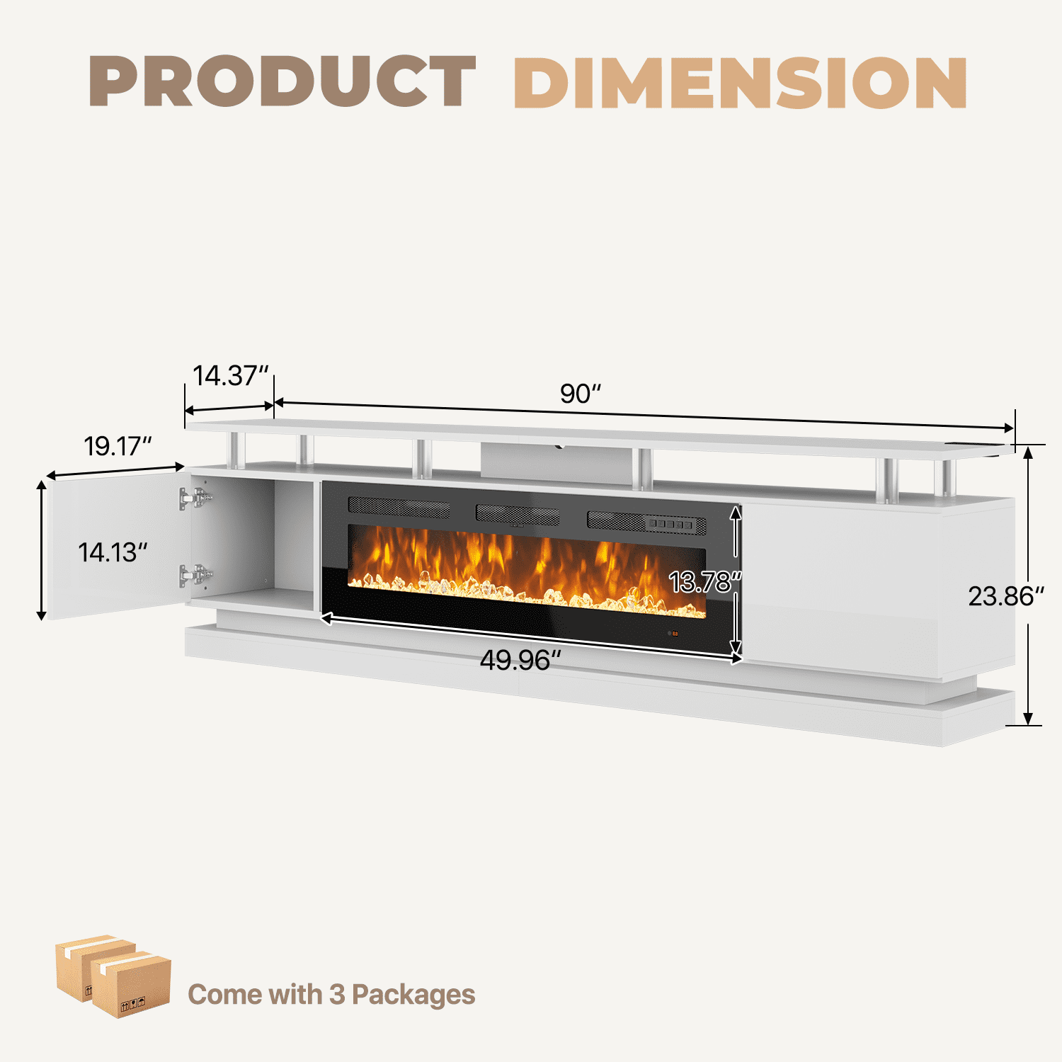 BaPiPro 90" Fireplace TV Stand for TVs up to 100", Modern Entertainment Center TV Console with Storage for Living Room, White TV Stand and Black Fireplace