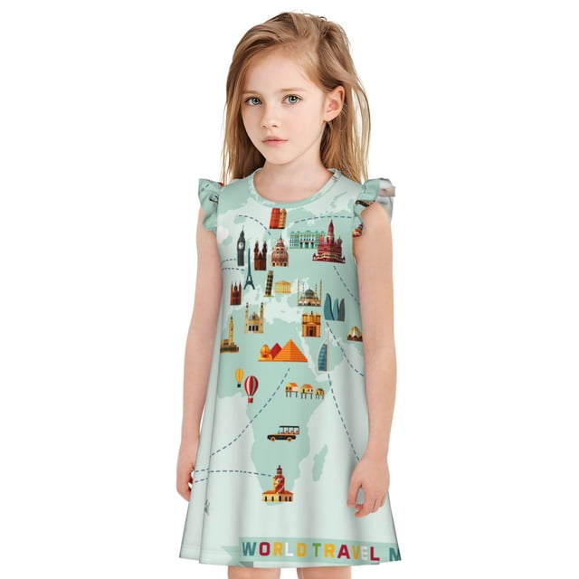 Fotbe World Travel Map Vestido de Dormir para Niñas de 3 a 10 Años, Mangas Cortas, Estilo Princesa, Pijama Camisón con Mangas Voladas-Medium