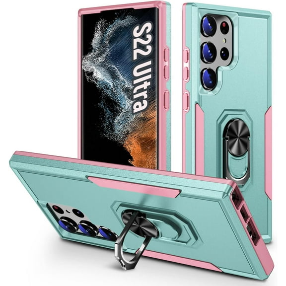 Samsung S22 Ultra Case,with Kickstand,Dual Layer Rugged Military Grade Shockproof Protection Heavy Duty Protective Phone Case for 22 Ultra-Green Pink