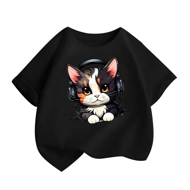 T-Shirt Graphique à Manches Courtes pour Enfants, Mélange Doux de Polyester-Spandex, Col Rond, Imprimé Chat Mignon, Tenue Décontractée pour Garçons et Filles, Âges 2-14