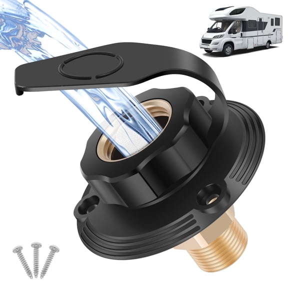 RV City Water Inlet with Built-in Brass Check Valve, 3" Flange RV Water Inlet Replacement with 1/2" NPT Male & 3/4" GHT Female Thread, Leak-Proof Water Fill Connection for Campers, Trailers, Black
