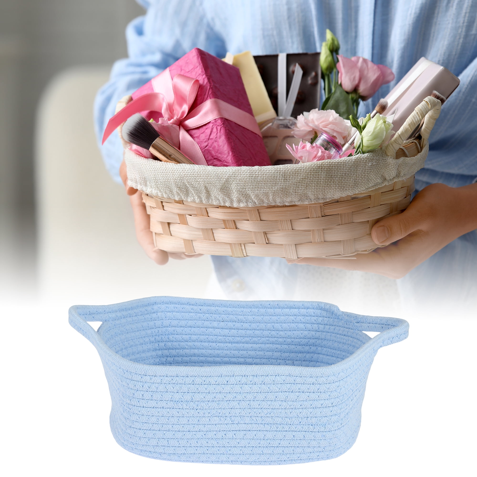 Unique Bargains Woven Empty Gift Decorative Basket with Gift Bag and Ribbon Blue