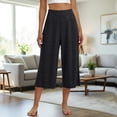 thumbnail image 2 of Women's Capri Pants Wide Leg Crop Pants Straight Wide Leg Cotton Linen 3/4 Pants Gauze Pants Yoga Work Pants Flowy Cropped Pants Beach Trousers Gauze Capris Drawstring Elastic Wais Black L, 2 of 8