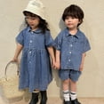thumbnail image 4 of Esaierr Baby Boys Denim Shorts Outfits Toddler Girls Denim Princess Solid Color V-Neck Sister and Brother Sibling Suit Summer for 1-9Y, 4 of 7