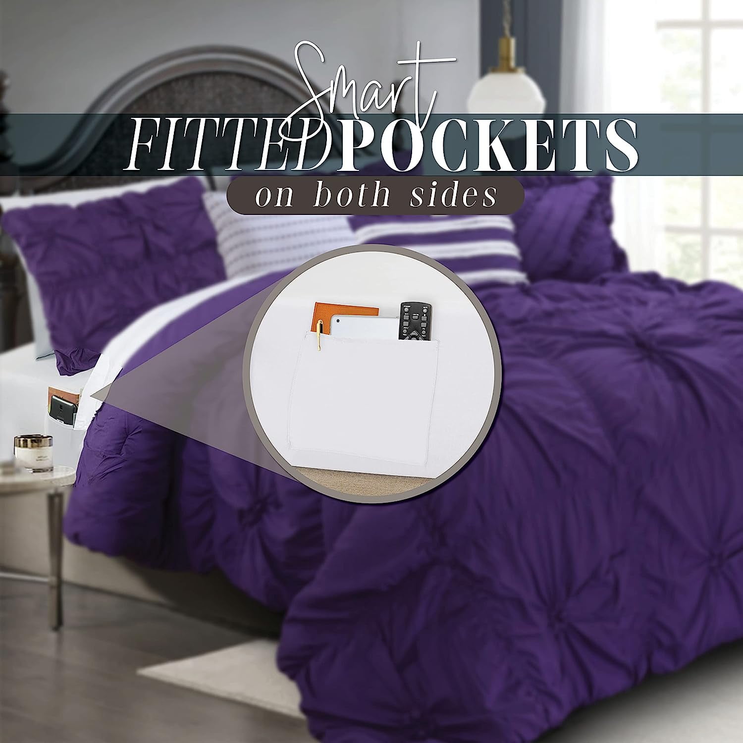 12-Piece Oversized Comforter, Amy Bedding Collection including 6-Piece Sheet Set Featuring Smart Pockets and Matching Decorative Pillows, King/California King, Purple