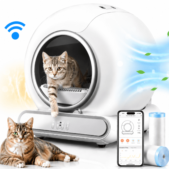 Automatic Cat Litter Box, Self Cleaning Cat Litter Box with APP Control, Smart Sensors, 65L Large Capacity, 9L Waste Bin, Quiet Operation, Odor Control System, Automatic Litter Box for Multiple Cats