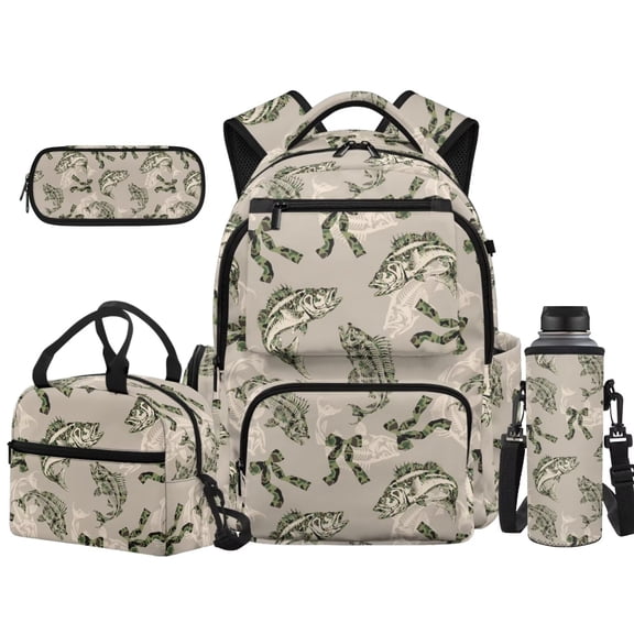 Pzuqiu Camo Bass Fish School Backpack with Lunch Box for Boys 12-15 Student Schoolbag Set for Kids 2nd Grade Elementary/Middle School Bookbag with Lunch Bag Pencil Case Water Bottle Cover
