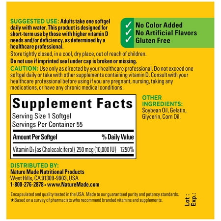 Nature Made Maximum Strength Vitamin D3 10000 IU (250 mcg) Softgels, Dietary Supplement, 55 Count