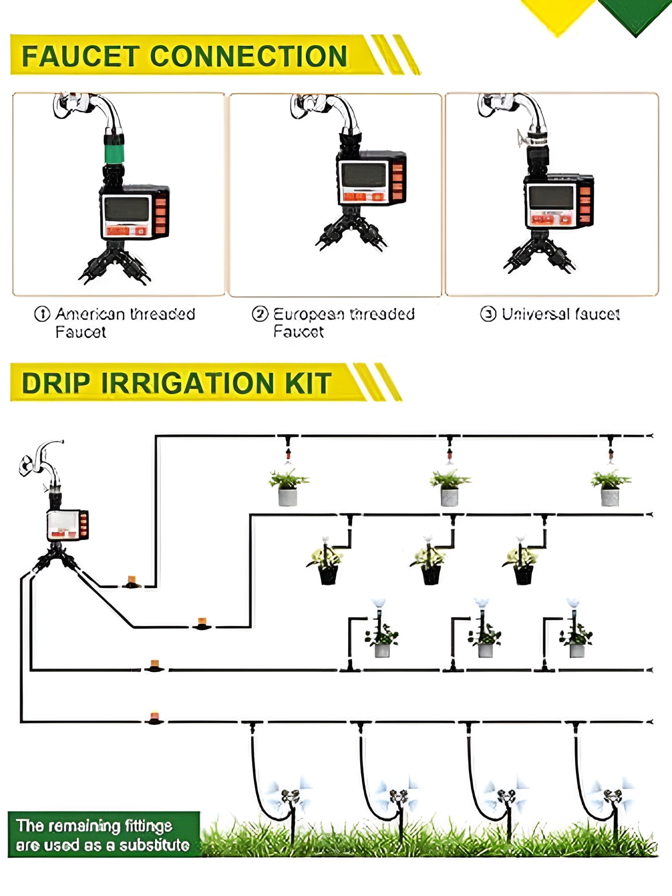 Kalolary Drip Irrigation Kit, 164 Ft Adjustable Garden Watering System with Timer, 133 PCS Blank Distribution Watering Drip Tubing Kits for Patio Lawn Garden Greenhouse Flower Bed