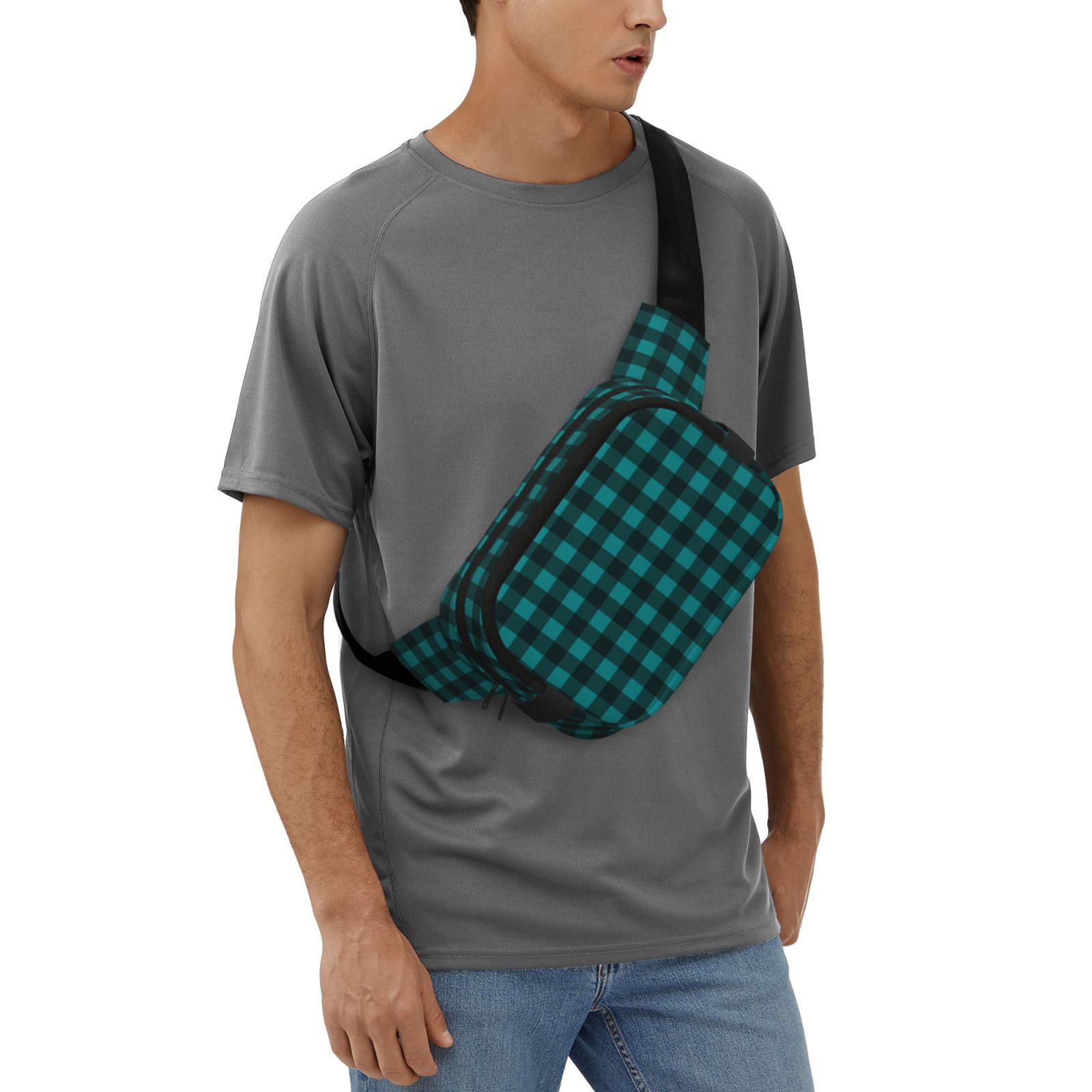 Kuqiui Teal On Black Plaid Print Fanny Packs for Women Cross Body Waist Bag Fashionable Fanny Pack Designer Workout Hiking Waist Pack Running Travel Gym