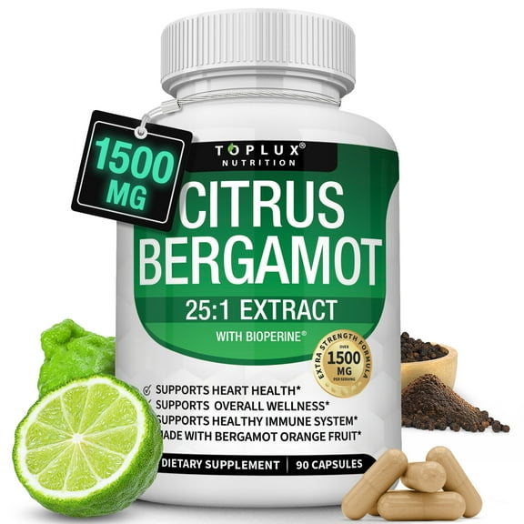 Toplux Citrus Bergamot 25:1 Extract with Bioperine 1500mg Bergamot Extract Cardiovascular & Cholesterol Support 90 Capsules