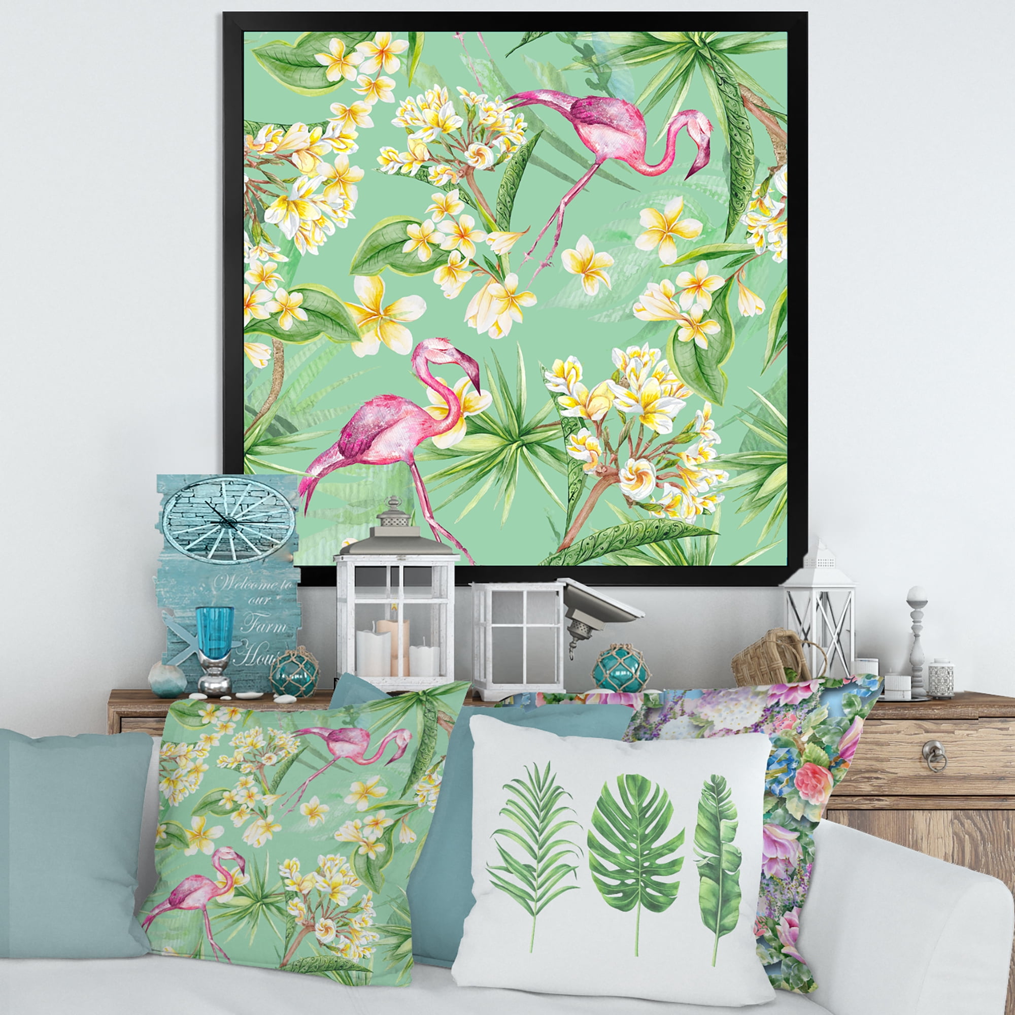Designart 'Yellow Flowers, Tropical Foliage With Flamingo V' Traditional Framed Art Print