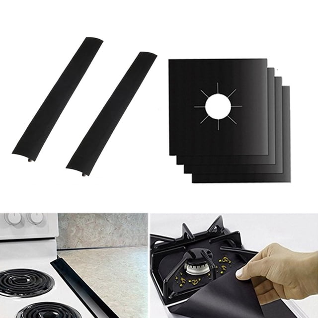 OULII 4Pcs Oven Liner Black Non Stick Gas Hob Protector Sheets with Adhesive Strip Set