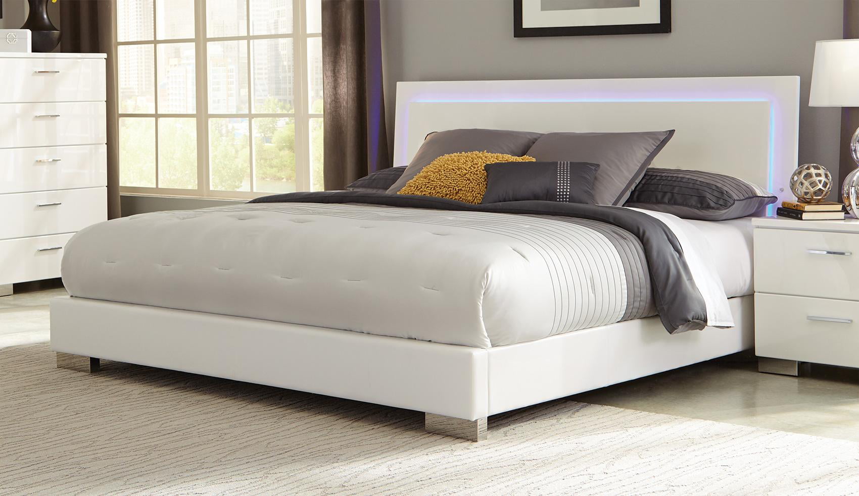 Coaster Felicity Queen Low Profile Bed with LED Backlight White-Color
