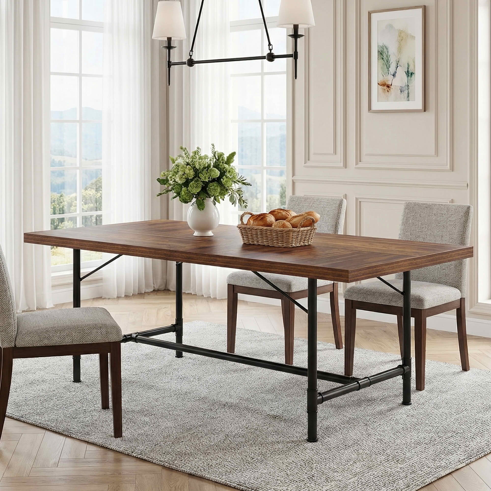 MAYEERTY 71" Industrial Rustic Dining Table, 6-8 Seater Thick MDF Top & Black Metal Frame Multiuse Kitchen Conference Table