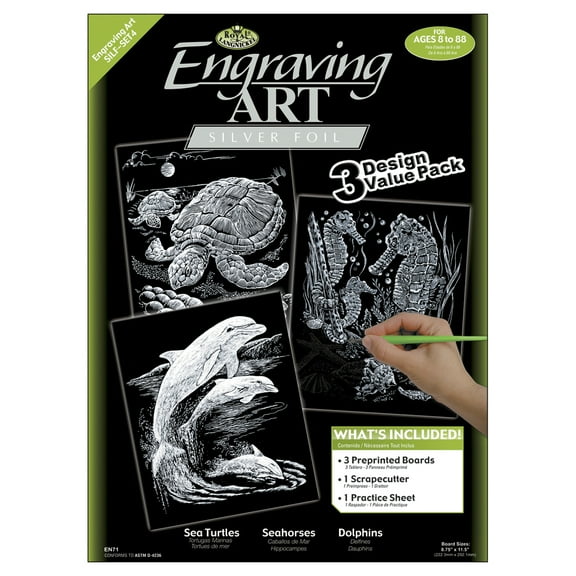 Royal & Langnickel(R) Foil Engraving Value Pack 8.75"X11.5"-Silver - Turtle, Sea Horse & Dolphins