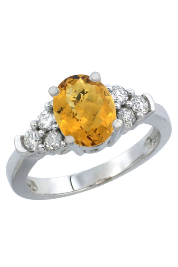 14K White Gold Natural Whisky Quartz Ring Oval 9x7mm Diamond Accent, size 7.5