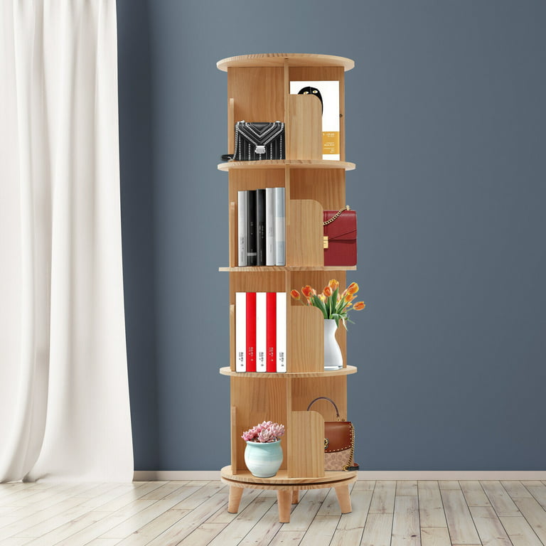 Revolving Bookshelf, 2/3/4/5/6 Tier Round 360° Rotating Wood Floor Standing  Bookcase Magazine Storage Display Rack for Office Bedroom Living Room Oak