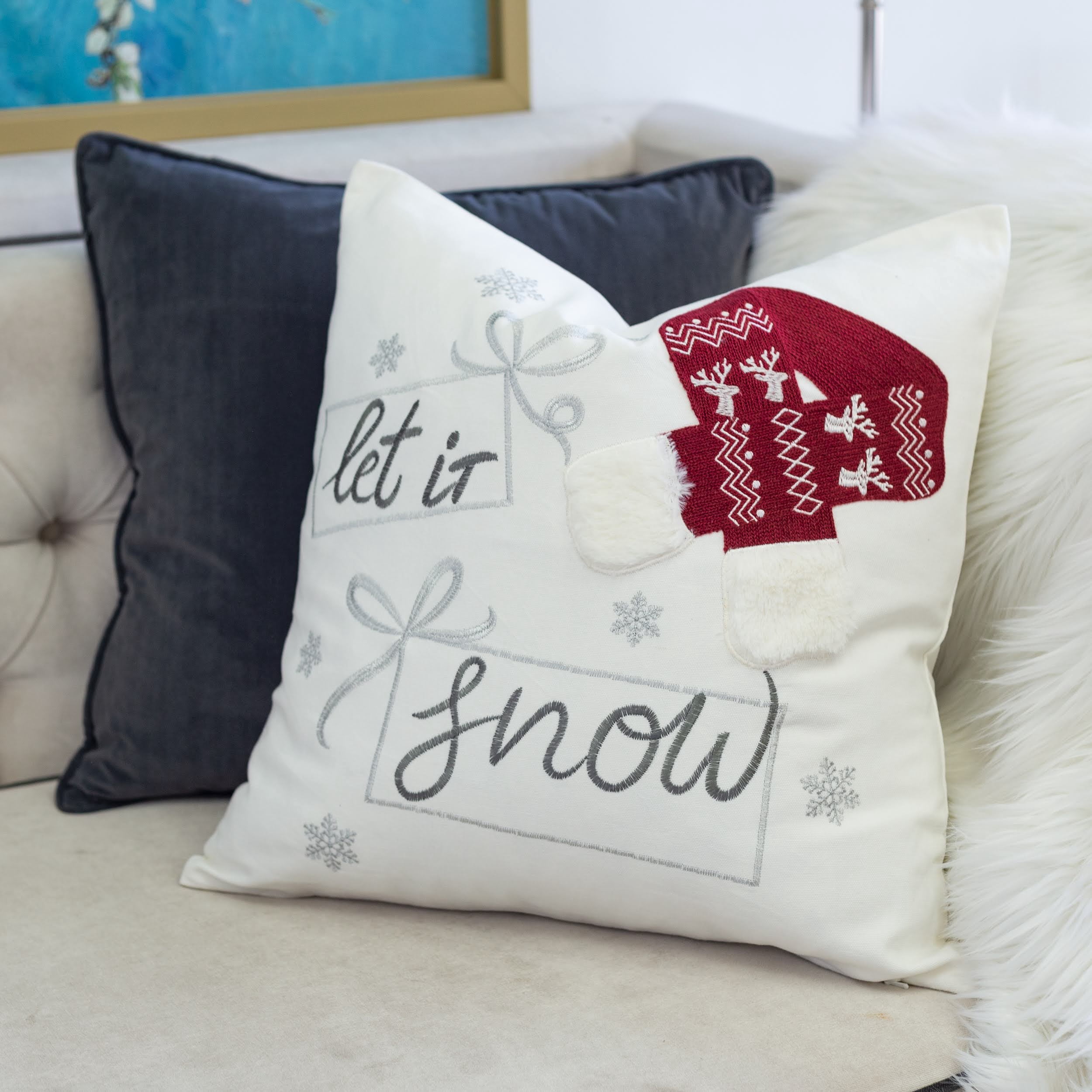 Let It Snow Embroidered Throw Pillow with 3D Red Knit Hat 20x20 Inch Cotton Holiday Decor